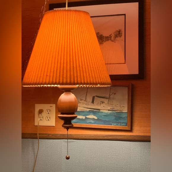 Vintage 1970s Statement Hanging Swag Light Works w Tan Linen Like Fabric Shade - Picture 2 of 9